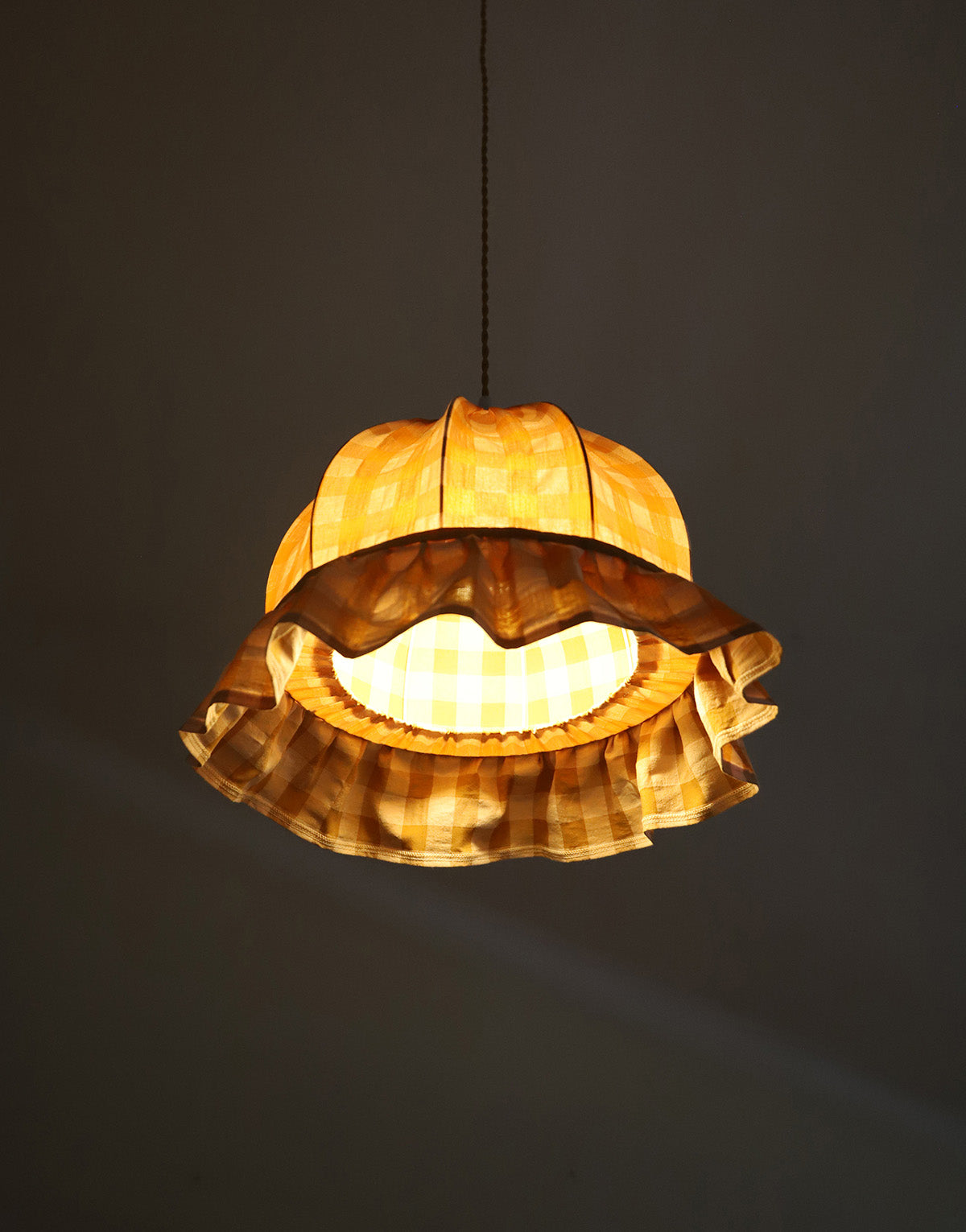 Vintage Dome Pendant Light with Ruffles in Mustard Gingham Print