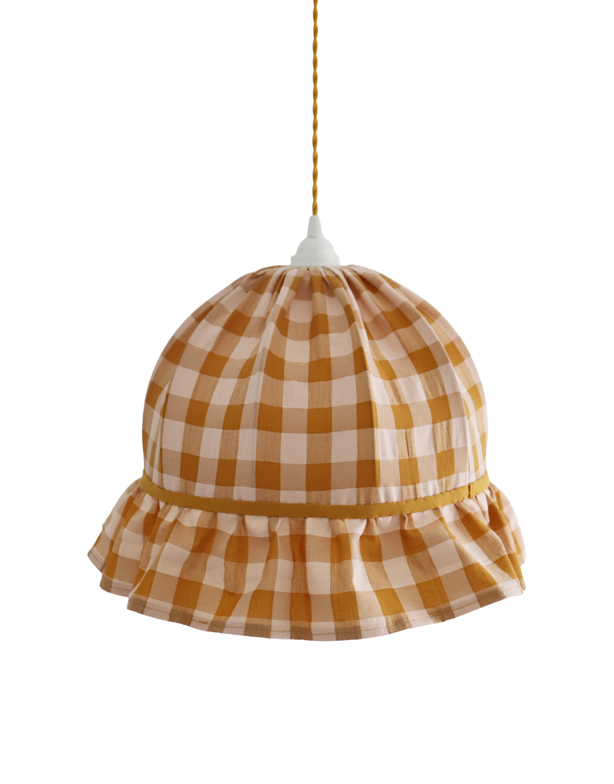 Vintage Dome Pendant Light with Ruffles in Mustard Gingham Print