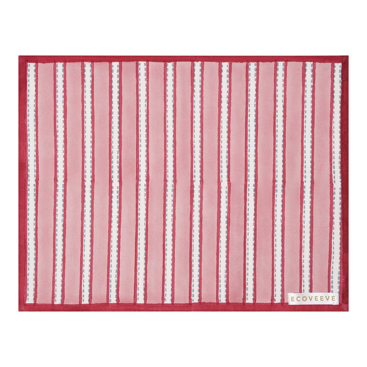 A striped block printed red and white table mat with a narrow border, laid out flat.