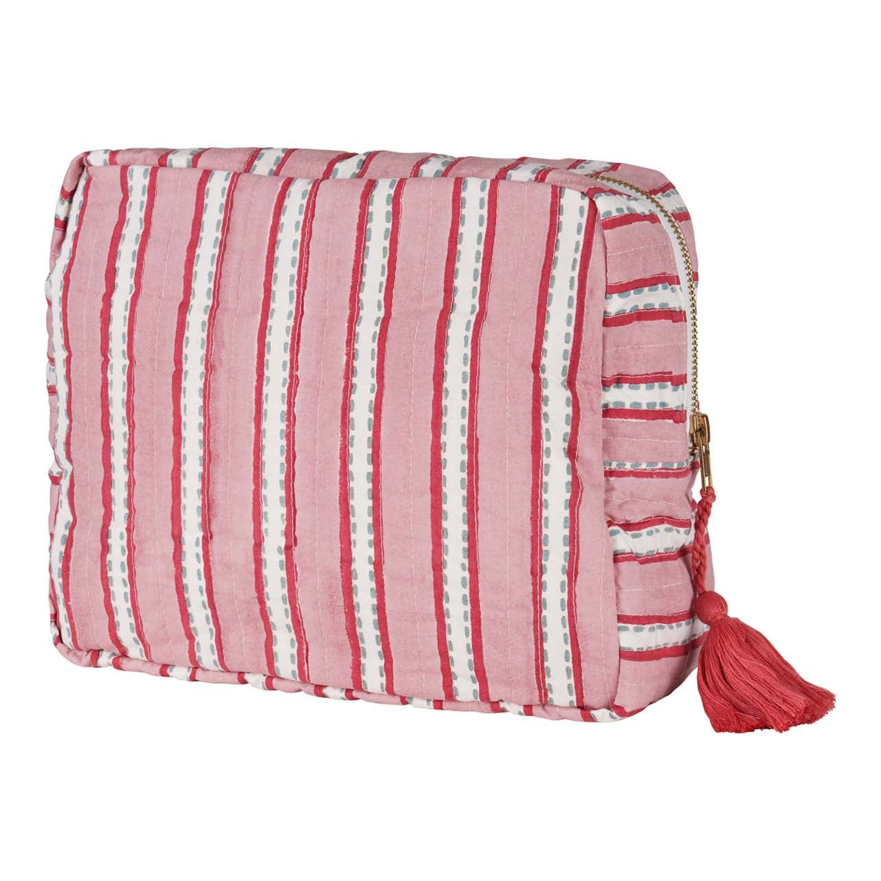 A pink and white striped hand block-printed vanity pouch with a zipper and a tassel.