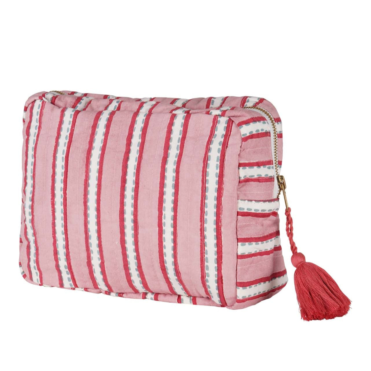 A pink and white striped hand block-printed vanity pouch with a zipper and a tassel.