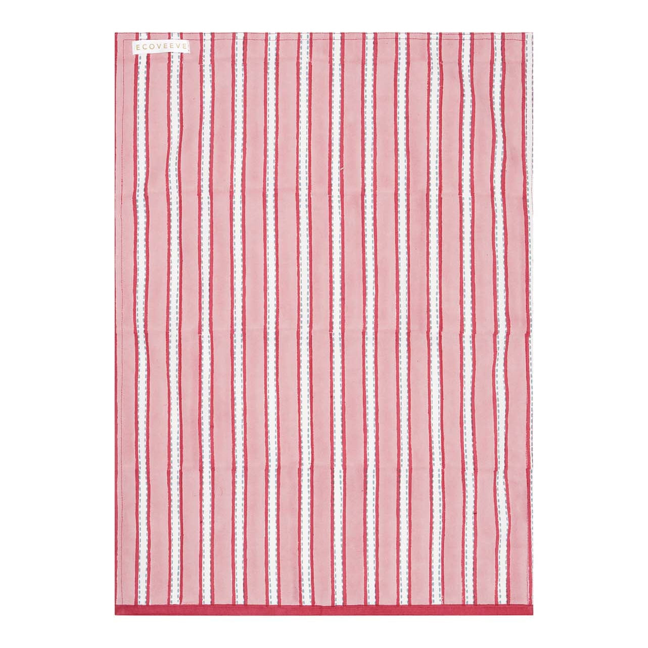 A hand-block printed red and white striped cotton tea towel.
