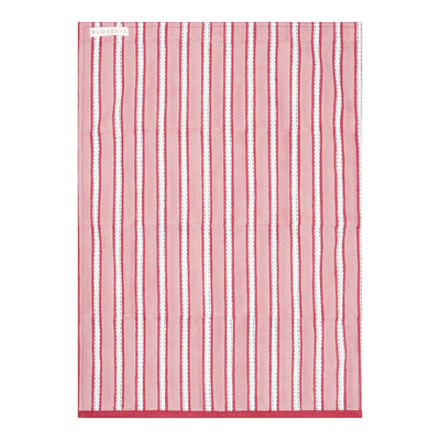 A hand-block printed red and white striped cotton tea towel.