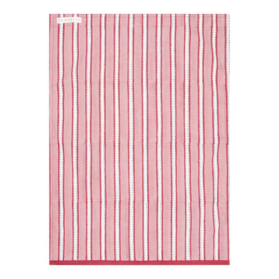 A hand-block printed red and white striped cotton tea towel.