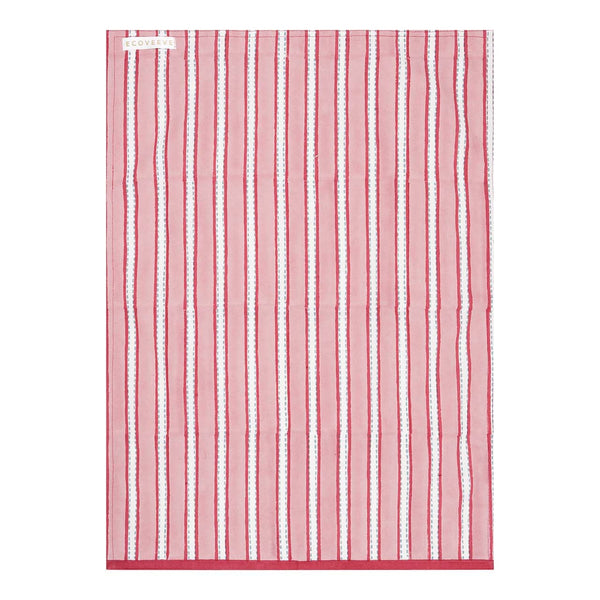 A hand-block printed red and white striped cotton tea towel.