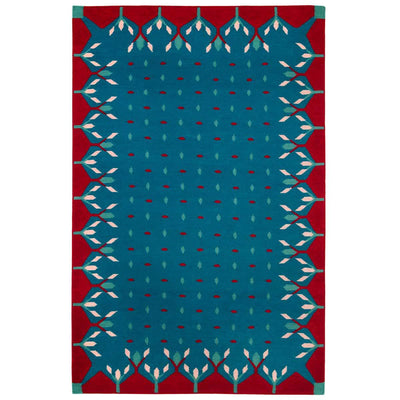 Blue and Red Hedgerow Rug - Blue rug handwoven with decorative red border.