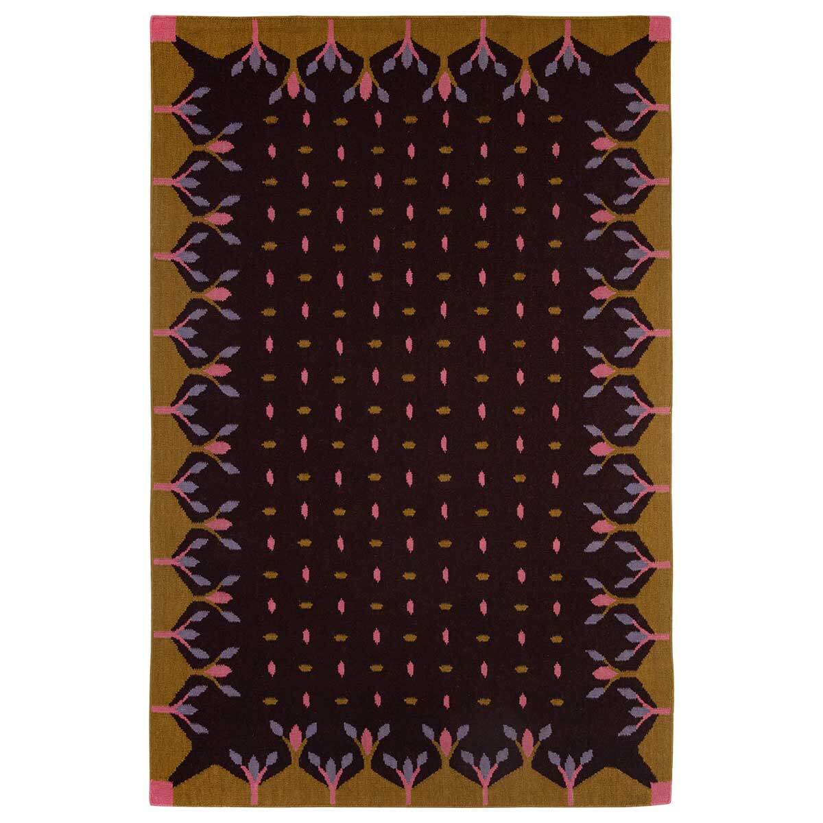 Dark brown and mustard Hedgerow rug handwoven with mustard yellow border and decorative motifs.