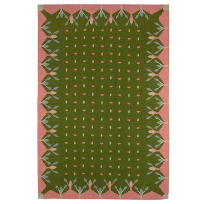 Green and Pink flatweave rug - handwoven with an olive green base and pink decorative border.