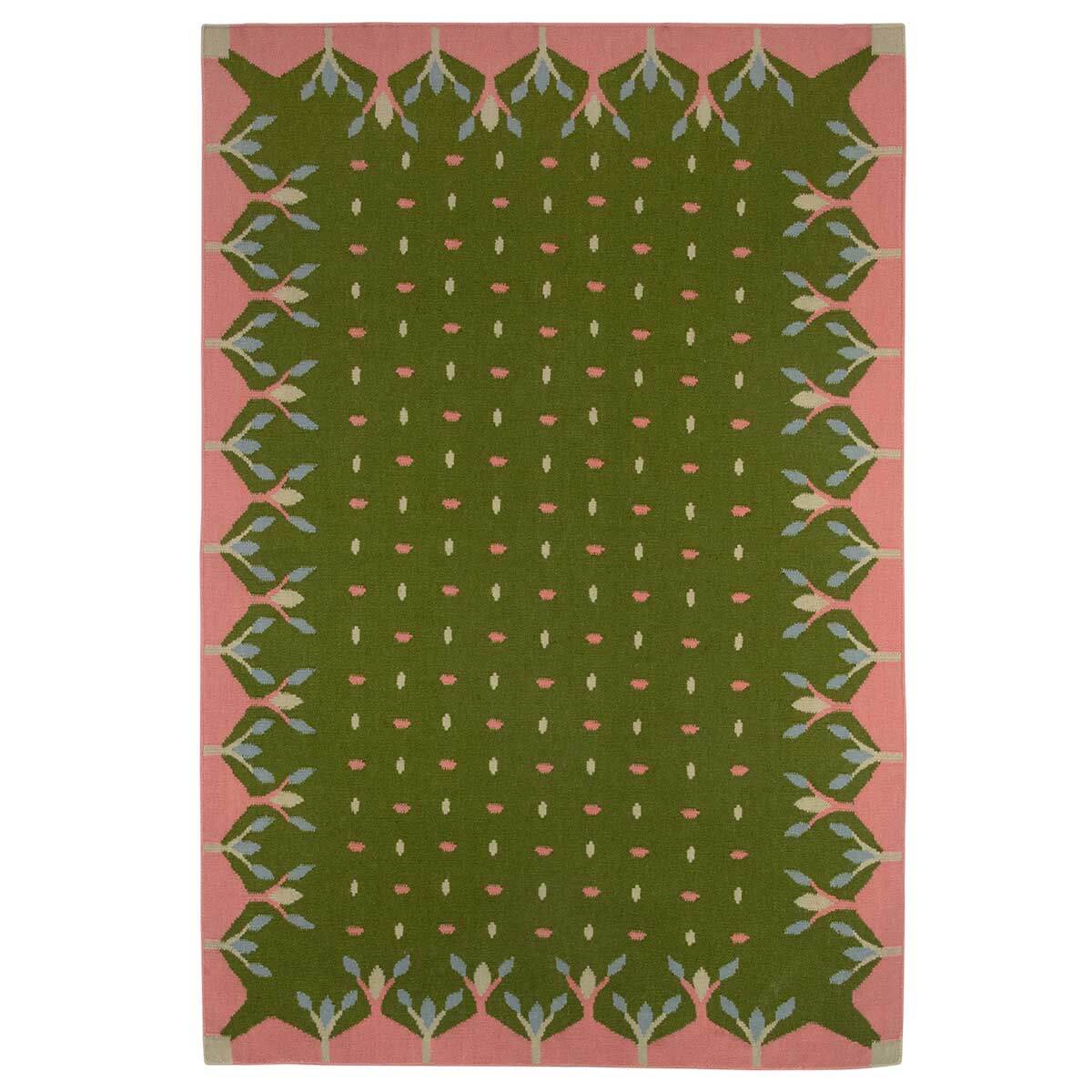 Green and Pink flatweave rug - handwoven with an olive green base and pink decorative border.