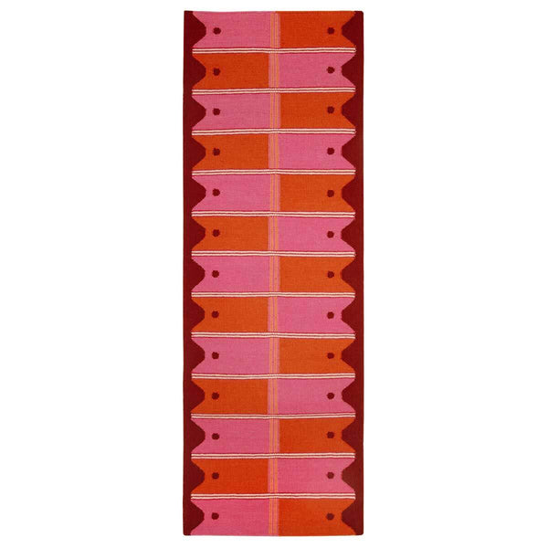 Pink and Orange Flatweave Runner Rug with checkered pattern and wavy border.