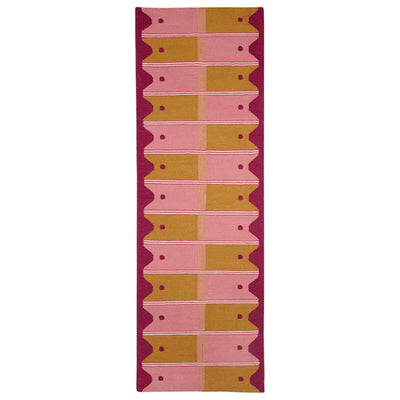Pink and Yellow Ladder Flatweave Runner Rug handwoven with checkered pattern and wavy border.