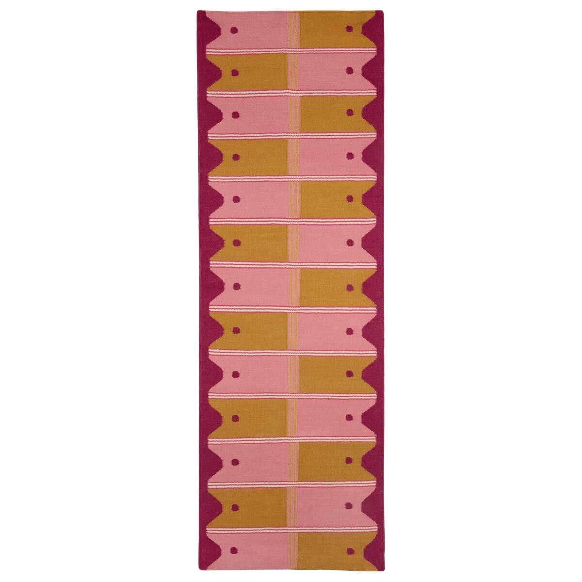 Pink and Yellow Ladder Flatweave Runner Rug handwoven with checkered pattern and wavy border.