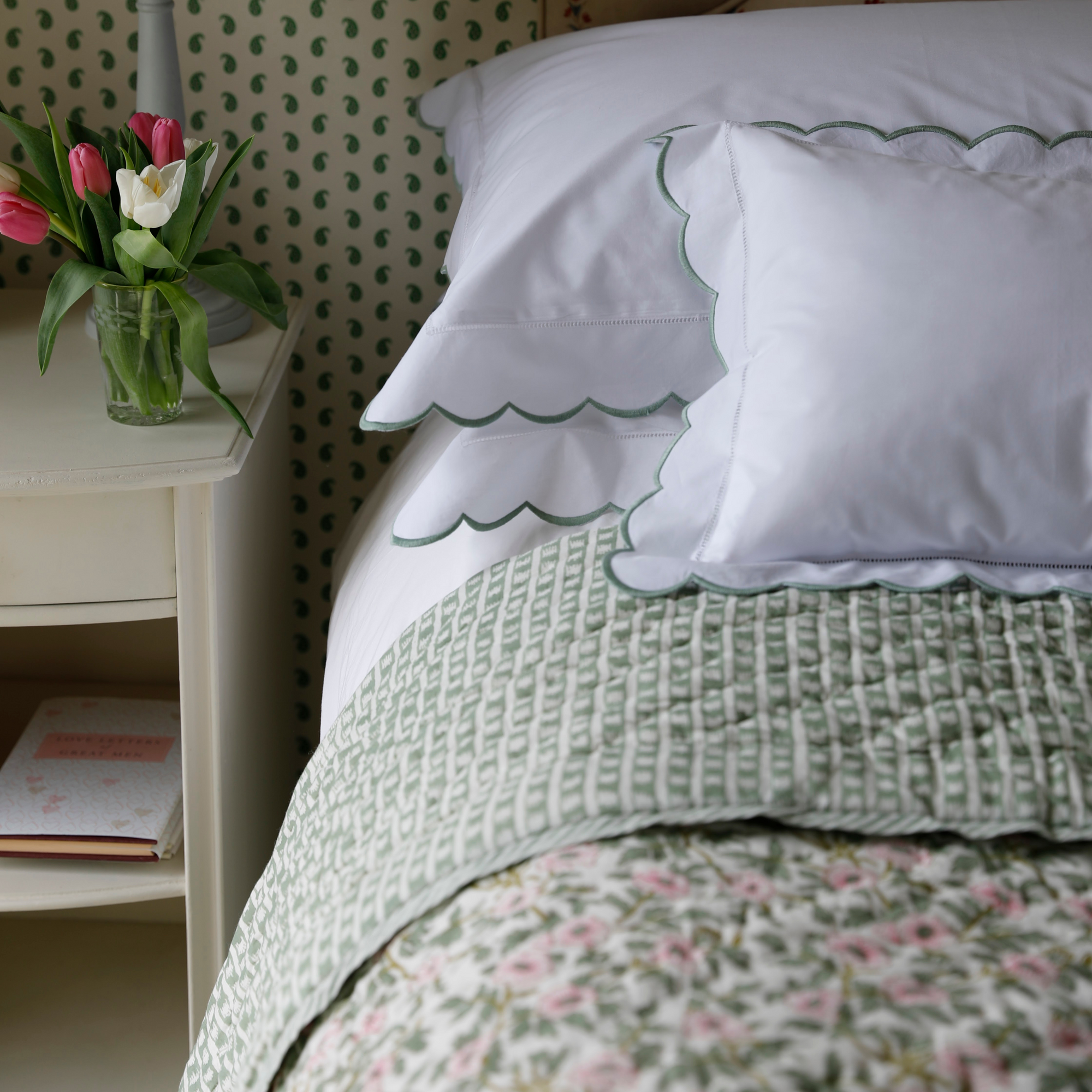 Cotton Sage Green Scallop Pillowcase with hand hemstitched border 
