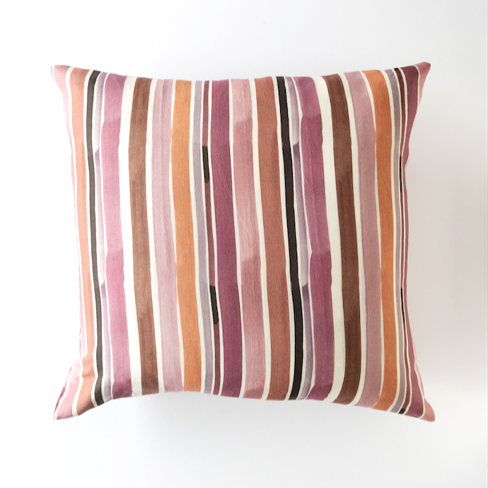 Lisbon Stripe linen throw pillow 20x20 with hand-painted pink plum maroon and rust stripe pattern - Goldie Home