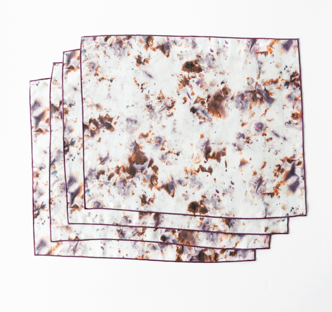 Rose Marble linen placemat flat lay showing lavender trim detail - Goldie Home