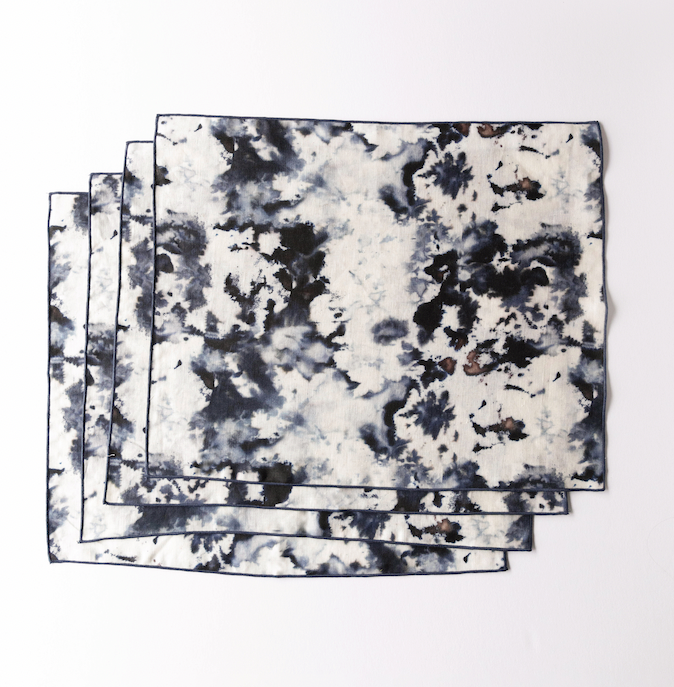Grey Marble linen placemat flat lay with grey trim detail - Goldie Home