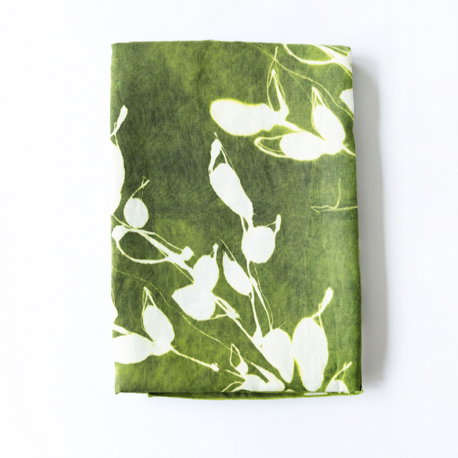 Porto Print Olive linen tablecloth rectangle 60x120 with hand-painted cascading floral pattern in earthy olive green - Goldie Home