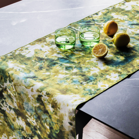 Green Marble linen table runner 16x90 with swirling chartreuse green and navy watercolor pattern - Goldie Home