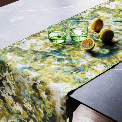 Green Marble linen table runner 16x90 with swirling chartreuse green and navy watercolor pattern - Goldie Home