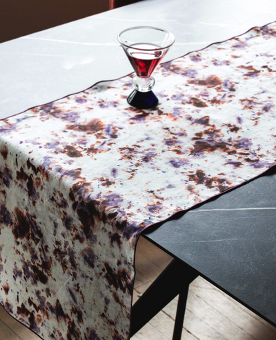 Rose Marble linen table runner styled on dinner table with candles - Goldie Home