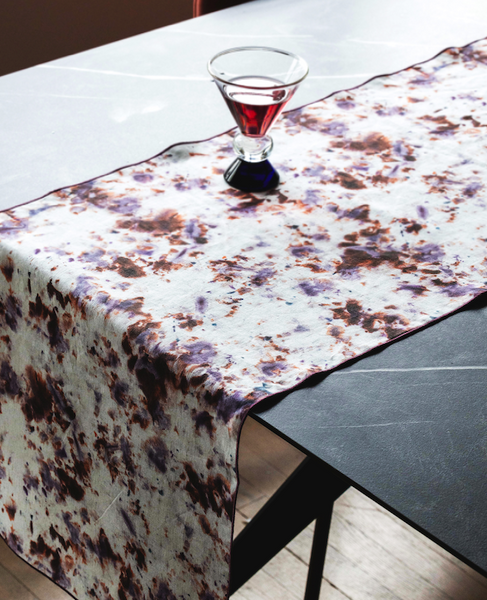 Rose Marble linen table runner styled on dinner table with candles - Goldie Home