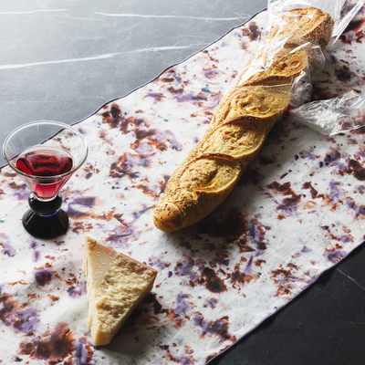 Rose Marble linen table runner 16x90 with swirling plum rose lavender and turquoise pattern - Goldie Home
