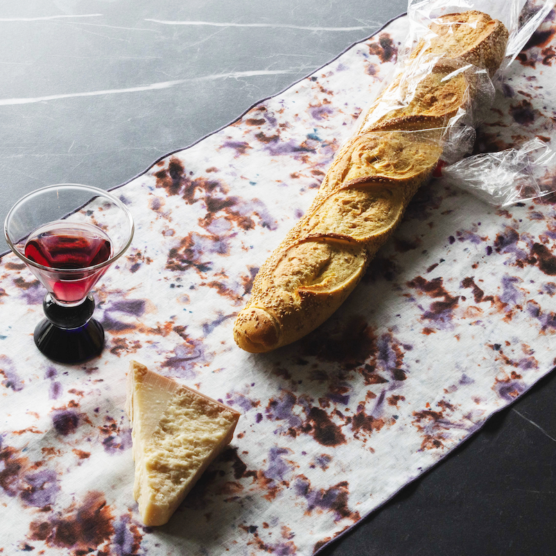 Rose Marble linen table runner 16x90 with swirling plum rose lavender and turquoise pattern - Goldie Home