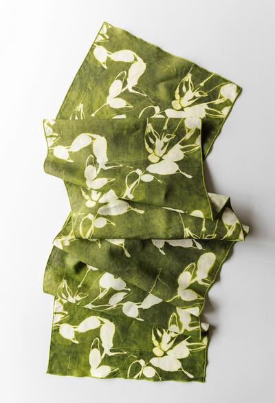 Porto Print Olive linen table runner flat lay close up detail - Goldie Home