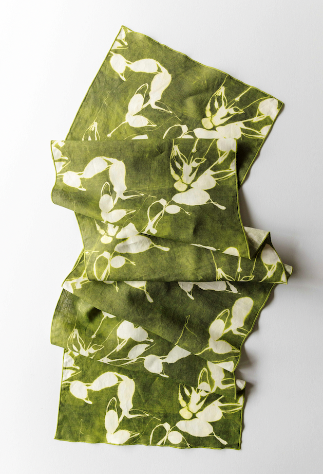 Porto Print Olive linen table runner flat lay close up detail - Goldie Home