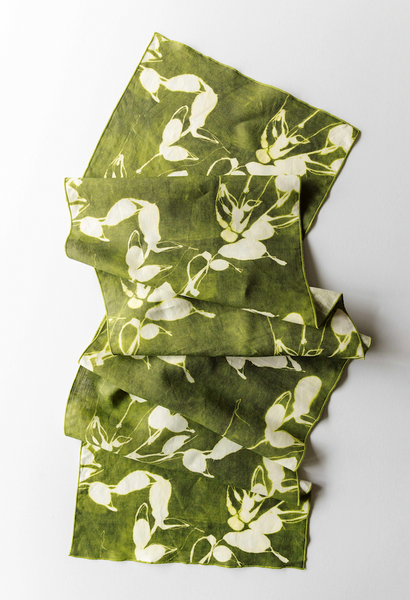 Porto Print Olive linen table runner flat lay close up detail - Goldie Home