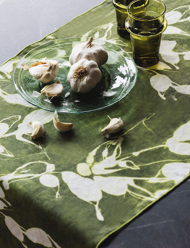 Porto Print Olive linen table runner 16x90 with hand-painted cascading floral pattern - Goldie Home