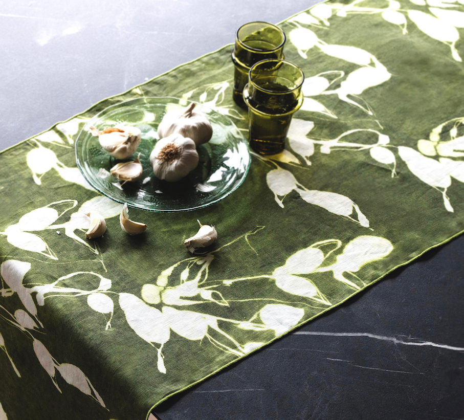 Porto Print Olive linen table runner styled as dining table centerpiece - Goldie Home