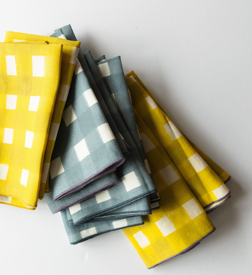 Yellow Cross-Hatch linen dinner napkin flat lay detail of brushstroke texture - Goldie Home