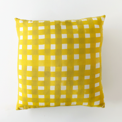 Yellow Cross-Hatch linen throw pillow 20x20 with painterly brushstroke cross-hatch in golden yellow - Goldie Home