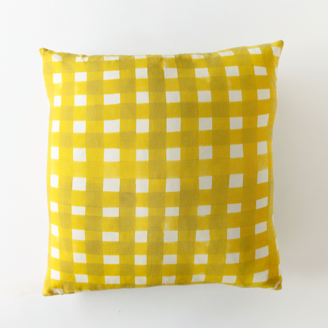 Yellow Cross-Hatch linen throw pillow 20x20 with painterly brushstroke cross-hatch in golden yellow - Goldie Home