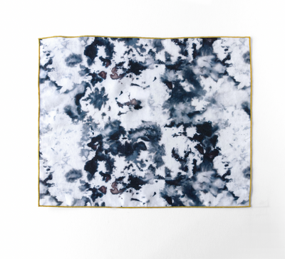 Grey Marble linen placemat with chartreuse trim variant flat lay - Goldie Home