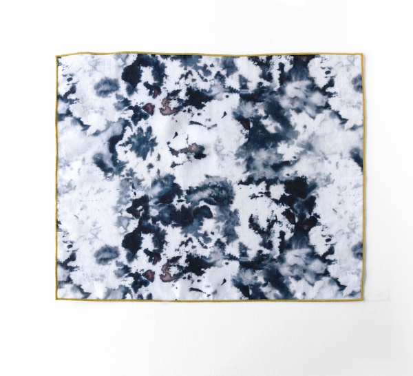 Grey Marble linen placemat with chartreuse trim variant flat lay - Goldie Home