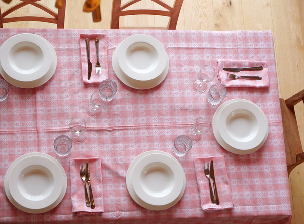 Pink Alpine Chalet Cotton Gingham Tablecloth, Italian Cotton, 230 x 150cm