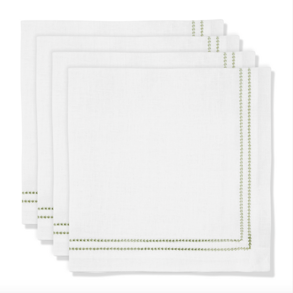 Set of Botanical Green Double Hemstitch Edge Napkins with Ludmila Floral Embroidery