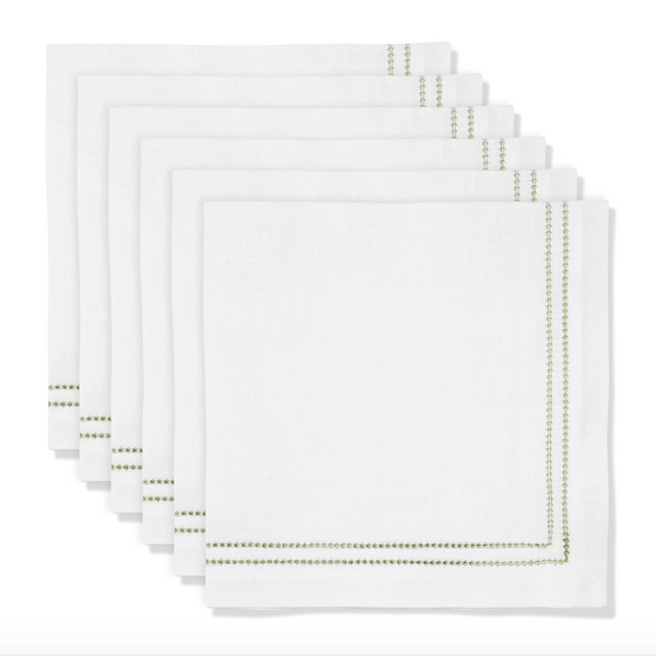 Set of Botanical Green Double Hemstitch Edge Napkins with Ruslan Floral Embroidery