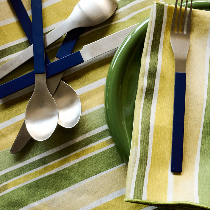 Lagos Stripe linen dinner napkin with bold hand-painted stripe in green mustard and golden yellow - Goldie Home