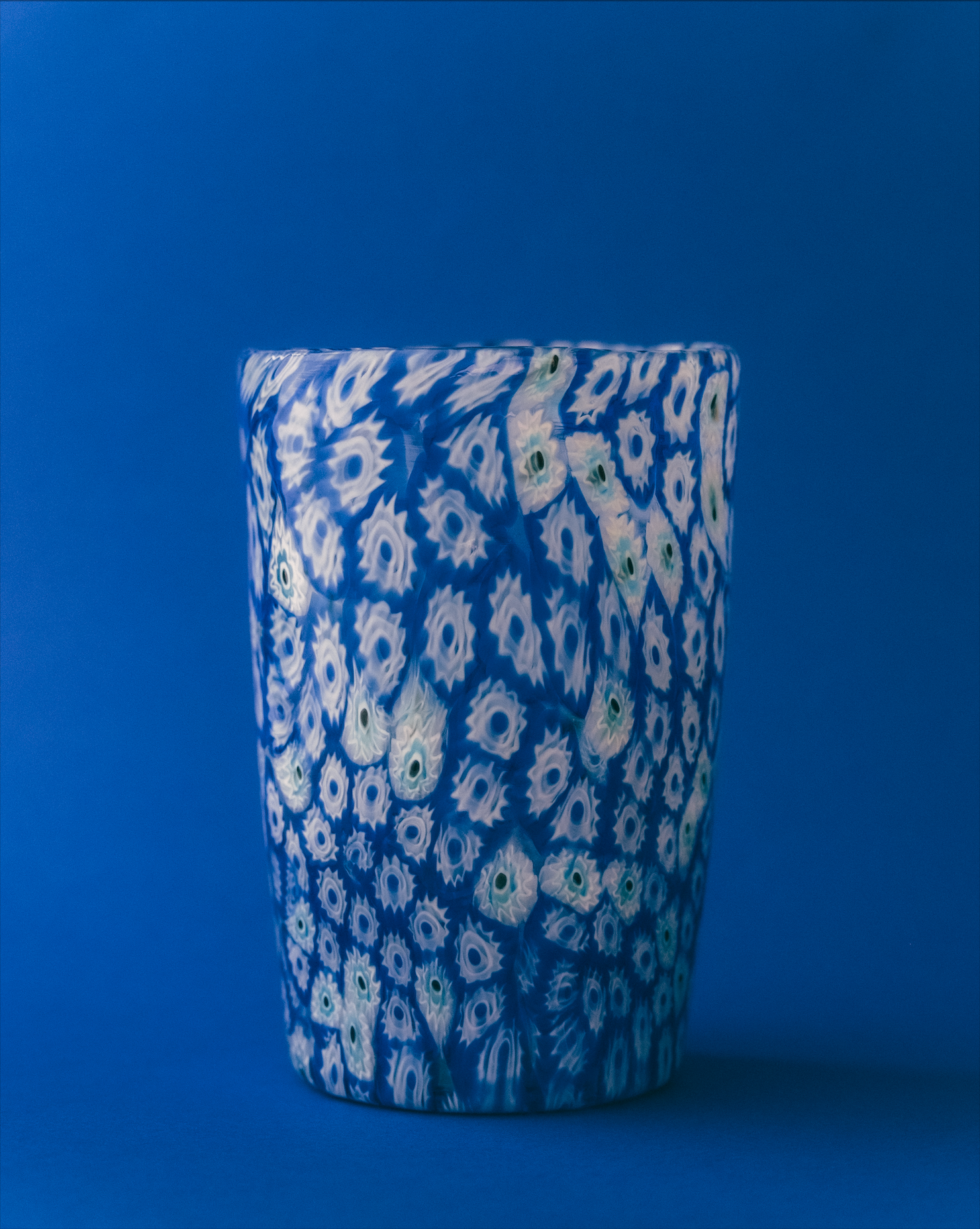 Marla Primrose Blue Millefiori Mosaic Murano Glass Tumbler – Handblown Venetian Glassware – side view