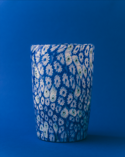 Marla Primrose Blue Millefiori Mosaic Murano Glass Tumbler – Handblown Venetian Glassware – side view