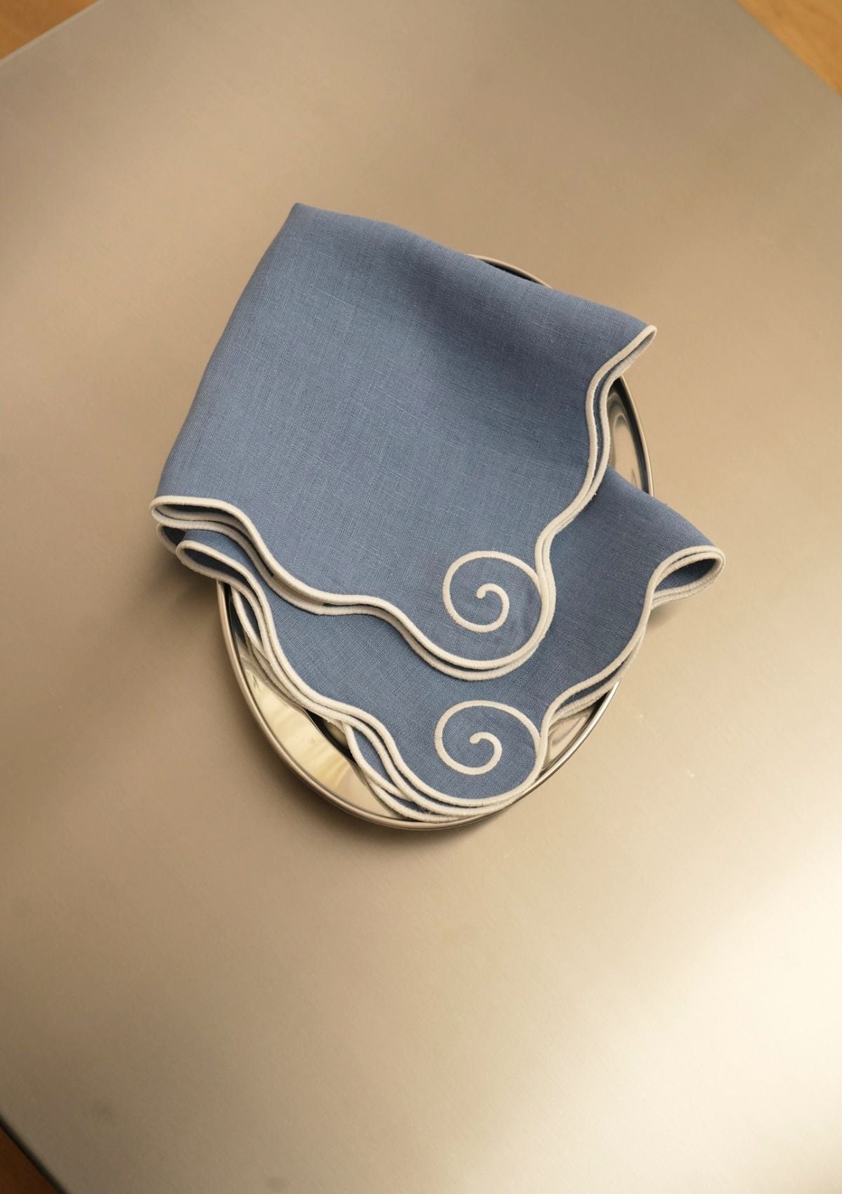 Volute Linen Napkin in Powder blue & White