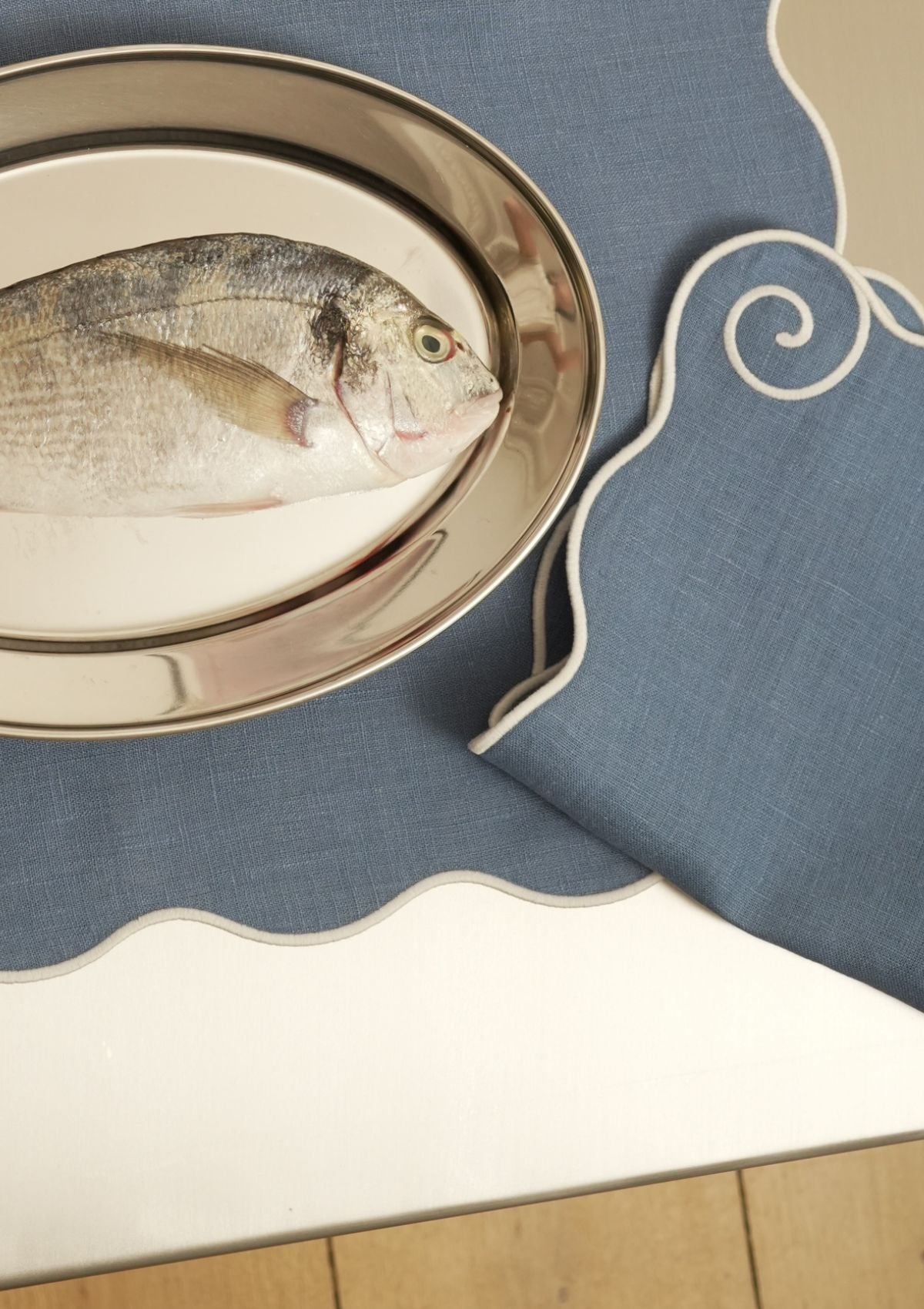 Volute Linen Napkin in Powder blue & White
