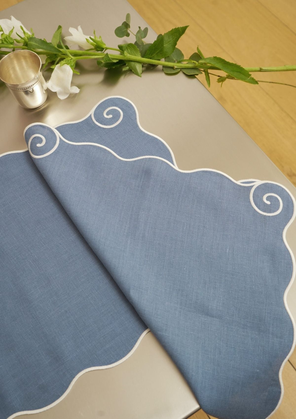Volute Linen Napkin in Powder blue & White