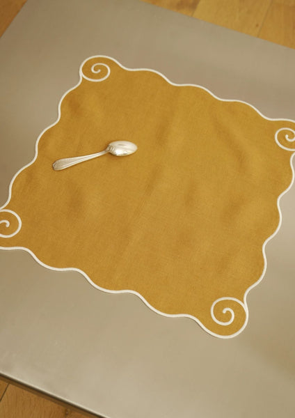 Volute Linen Napkin in Yellow ocher & White