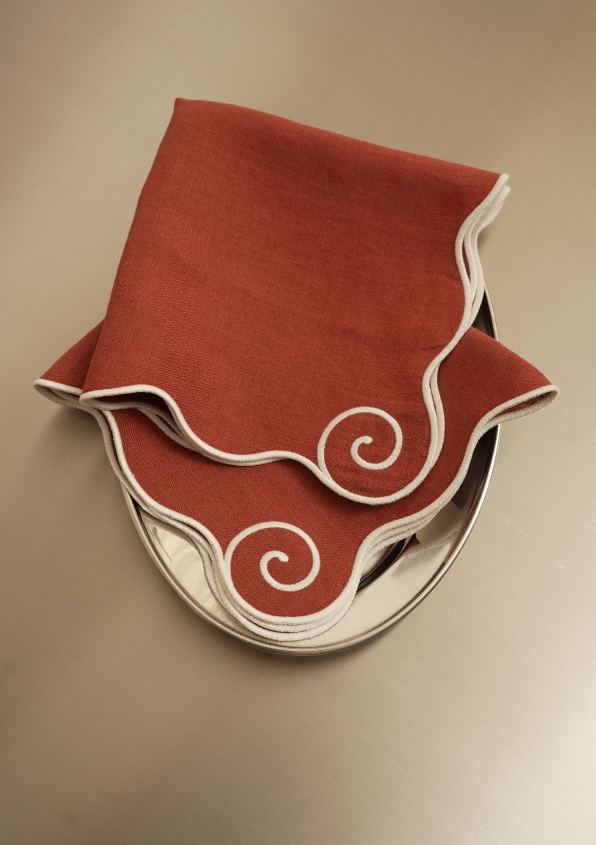 Volute Linen Napkin in Terracotta & White