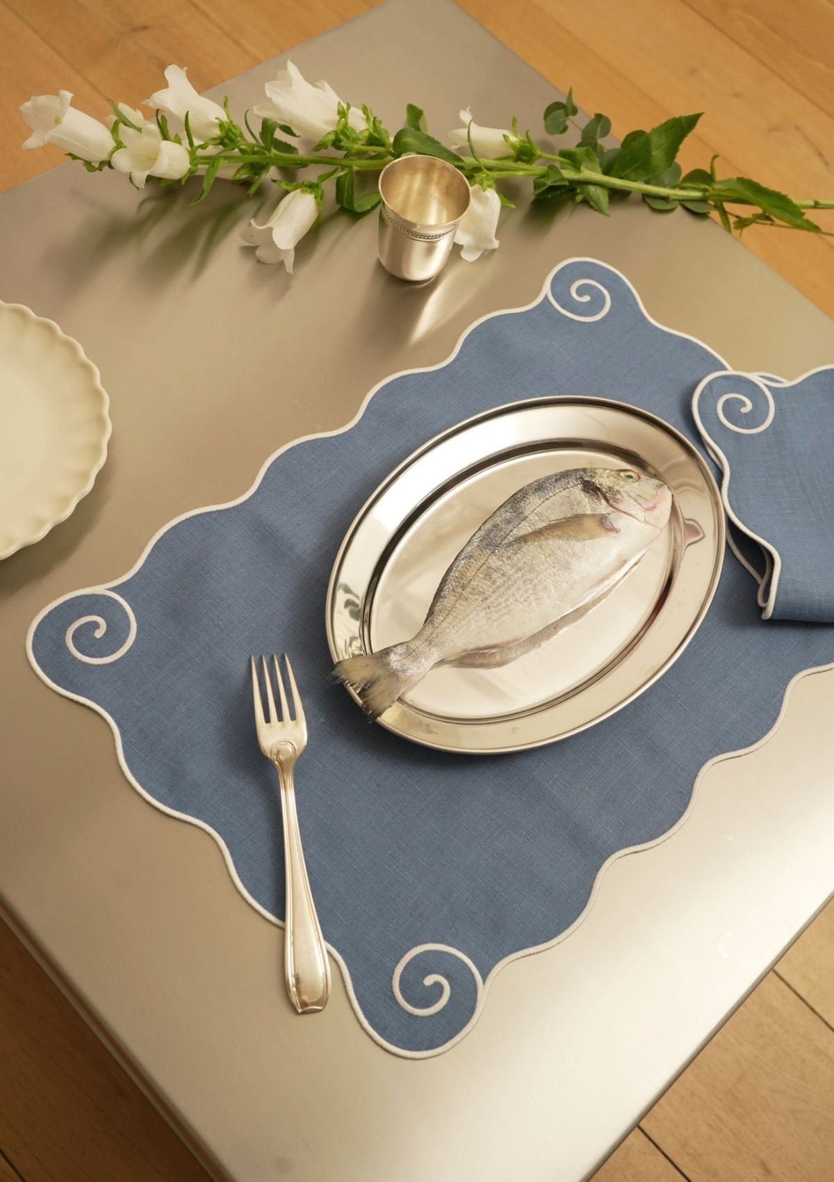 Volute Linen Placemat in Powder Blue & White