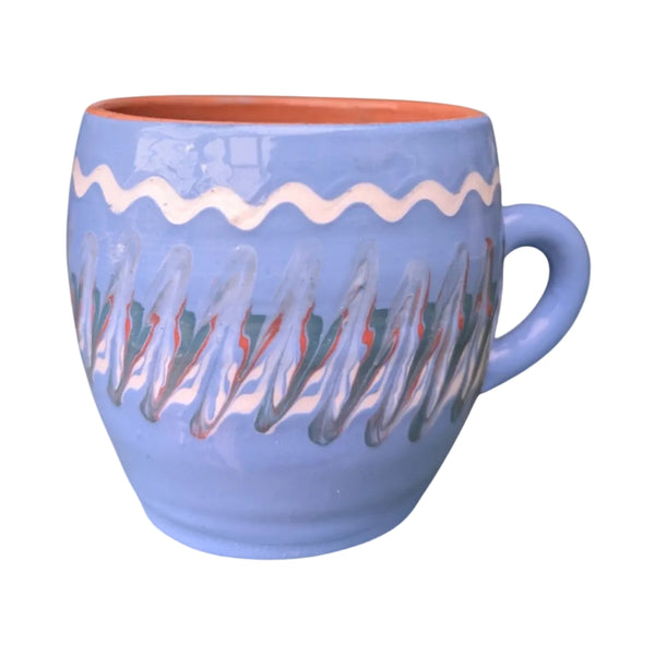 Handmade blue ceramic mug with terracotta interior and Romanian folk pottery decoration